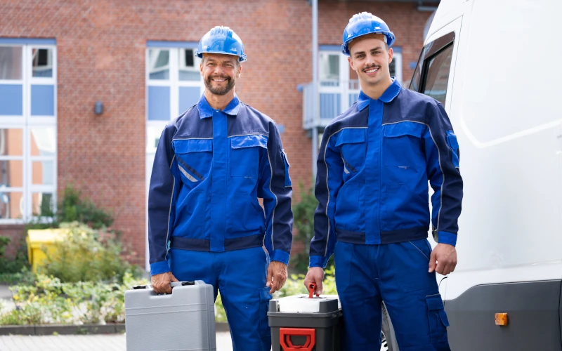 Zwei Handwerker in blauer Arbeitskleidung und Schutzhelmen stehen lächelnd neben einem Fahrzeug.
