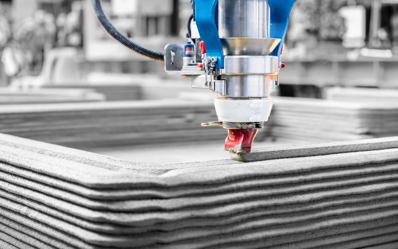 Vollautomatischer 3D Industriedrucker der Beton schichtweise aufträgt.