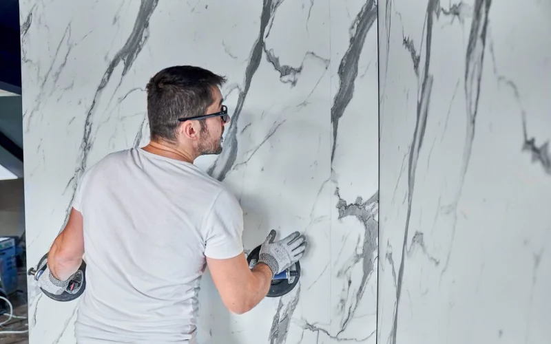 Handwerker bringt Wandpaneele an der Wand an