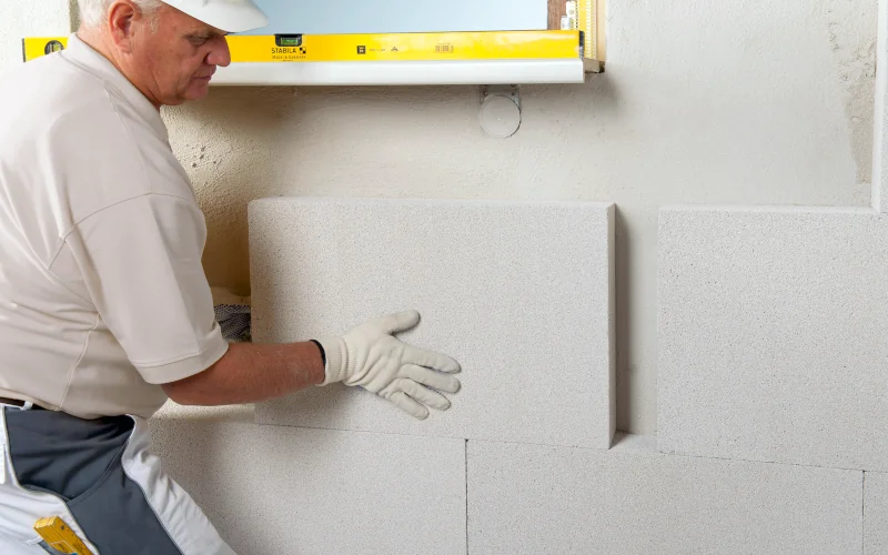 Handwerker bringt Mineraldämmplatten an der Wand an