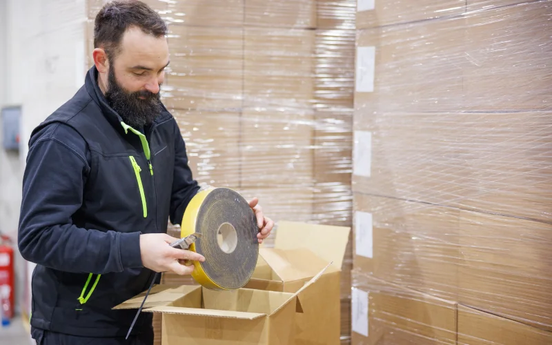 Lagermitarbeiter verpackt Baumaterialien in einem Karton