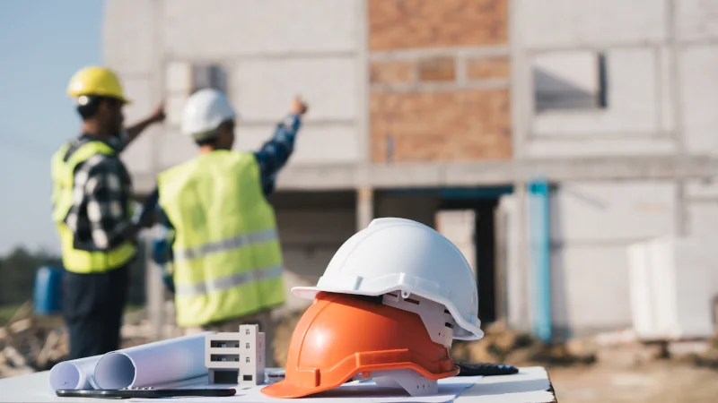 Handwerker auf einer Baustelle reden über ein Haus 