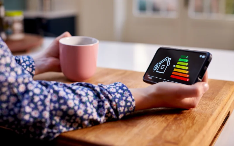 Frau mit Handy in der Hand mit Haus und Energieskala darauf