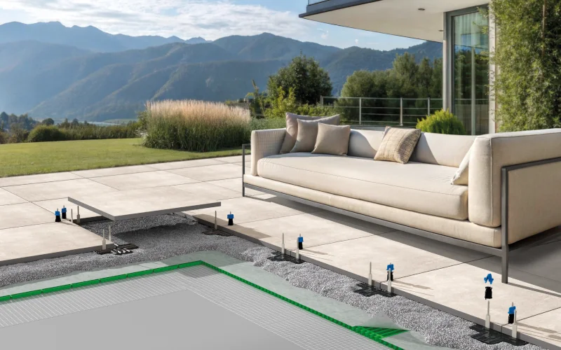 Terrasse mit Fliesen und Konstruktion darunter zum Absickern von Wasser