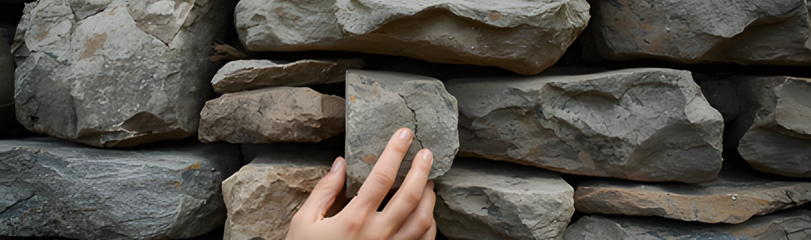 Natursteinmauer mit einer Hand, zentral im Bild zusehen, die einen weiteren Stein dazu platziert