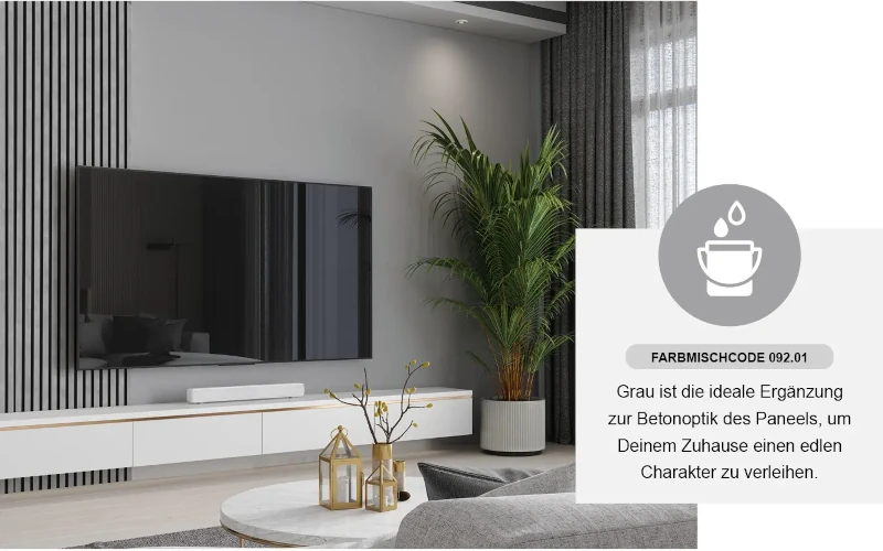 Wohnzimmer mit gräulichen Holzpaneelen an der Wand 