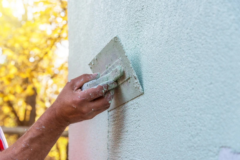 Eine Hand geht mit einem Spachtel über eine Außenwand um diese glatt zu streichen.
