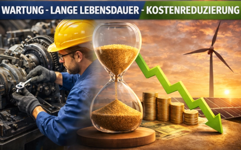 KI-generiertes Bild mit einem Mechaniker bei der Wartung, einer Sanduhr mit der Überschrift lange Lebensdauern und einem Bild mit Kostenreduzierung mit absteigendem Graph und erneuerbaren Energien im Hintergrund
