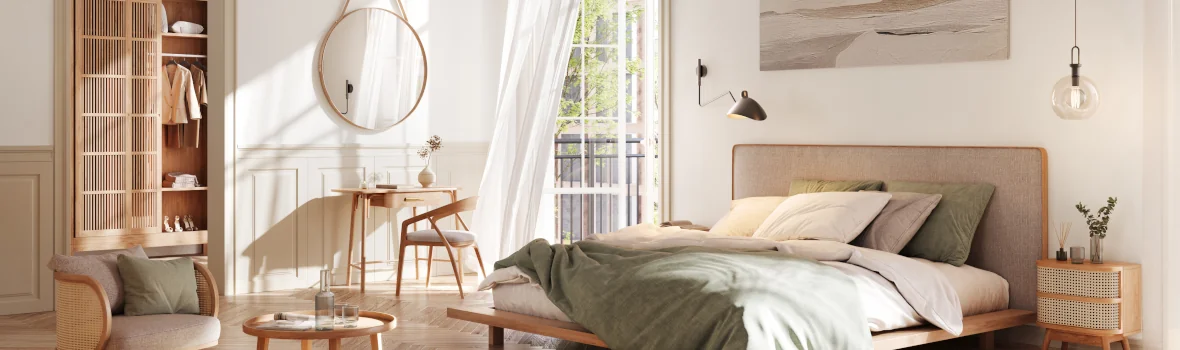 Schlafzimmer im skandinavischen Stil mit heller Einrichtung