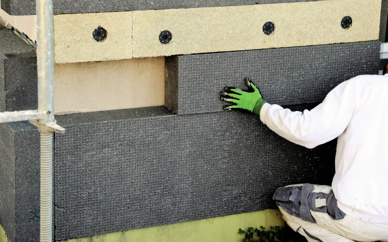 Handwerker bringt Dämmplatten an der Außenfassade an