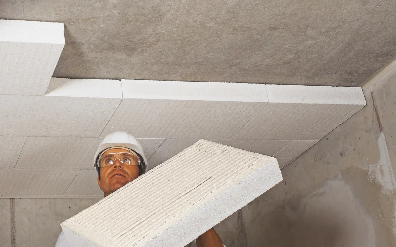 Handwerker mit Schutzhelm bringt Dämmung in Form von Dämmplatten an der Kellerdecke an