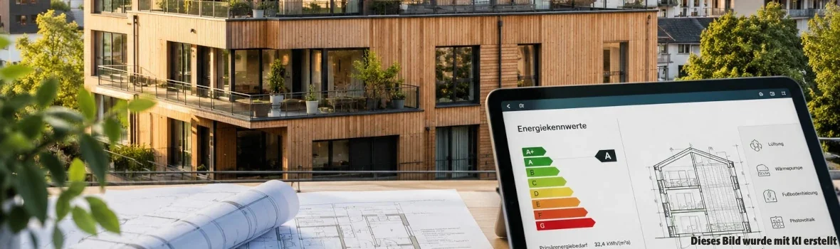 Ein Bauplan und ein Tablet mit Energiekennwerten für ein Haus. Im Hintergrund ein Haus mit moderner Holzfassade.