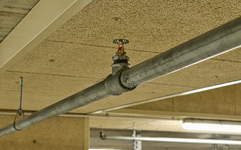 Decke einer Tiefgarage mit Wasserrohren an der Decke