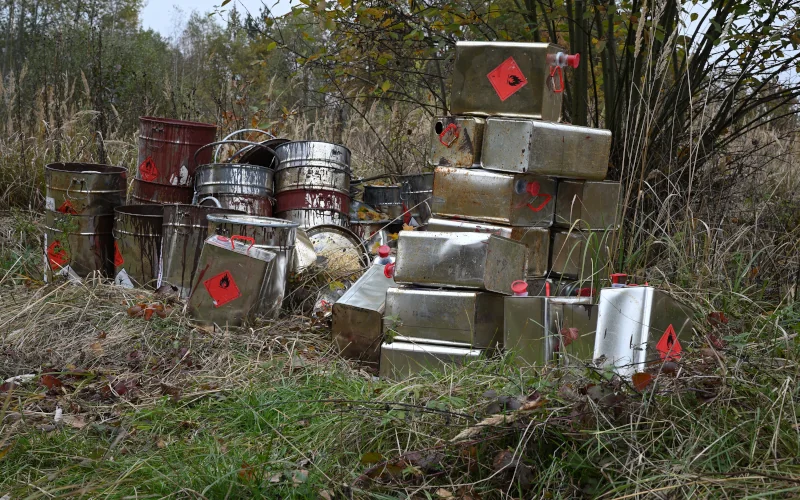 in der Natur liegen viele leere Blechdosen von chemischen Mitteln