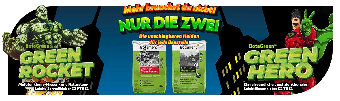 Werbeabbildung von Botament zu zwei Produkten mit Superhelden GreenRocket und GreenHero