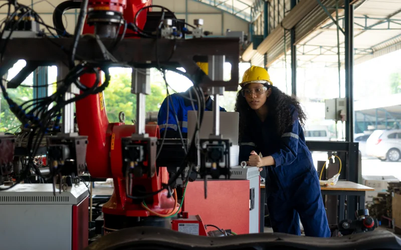 Zwei Arbeiter in Schutzkleidung arbeiten an einer industriellen Maschine in einer Fabrikumgebung.