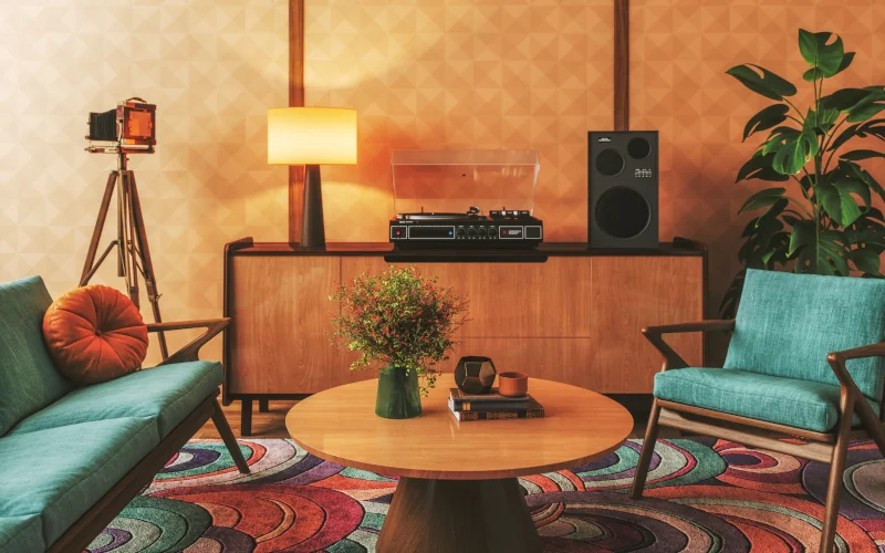 Wohnzimmer im Retro-Design mit orangenen Wänden und bunten Möbeln