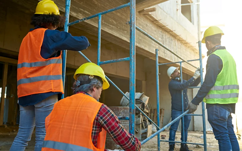 Handwerker auf einer Baustelle bauen eine Gerüst auf 