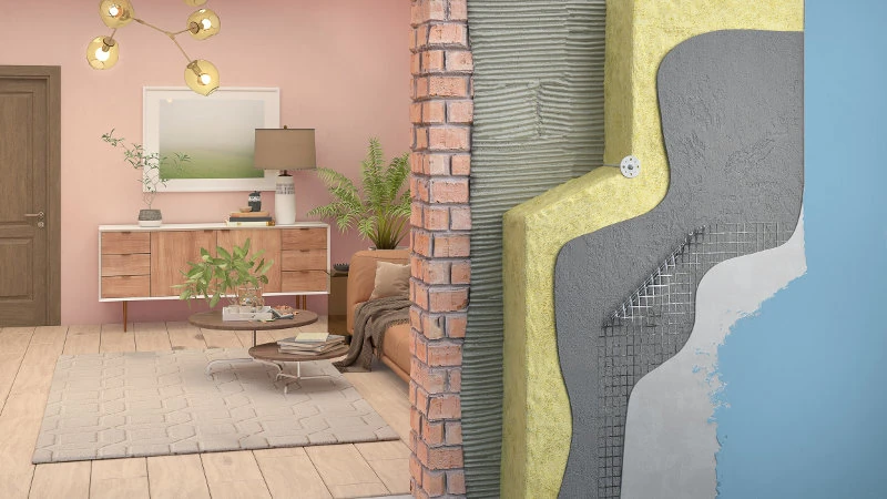 ein Aufbau einer Wand von Mauerwerk bis Fassadenfarbe mit Wohnzimmer im Hintergrund 