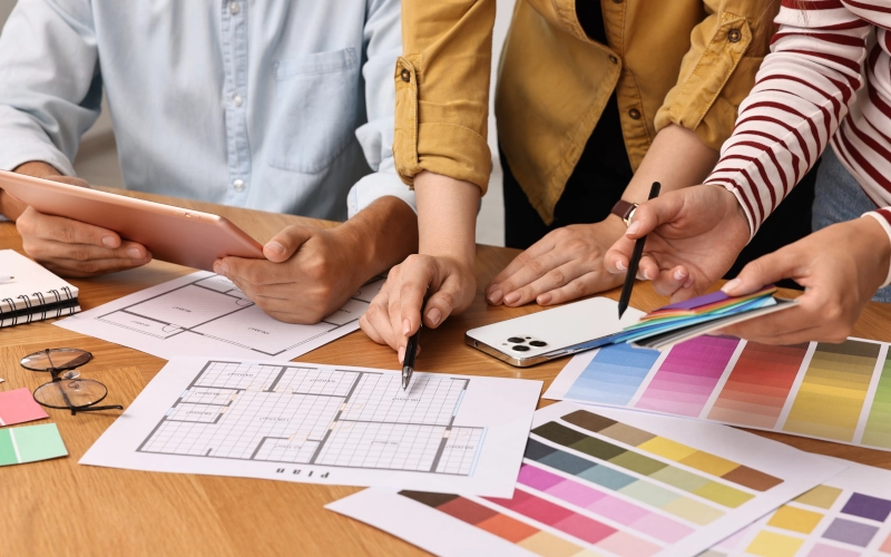 Nahaufnahme einer Gruppe von Designern, die am Tisch zusammenarbeiten und sich einen Grundriss, sowie eine Farbpalette anschauen.