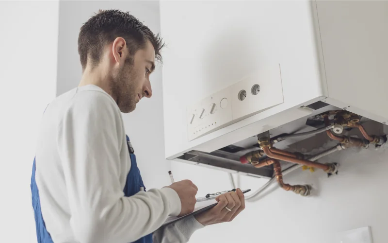 Handwerker mit Klemmbrett prüft Heizkessel