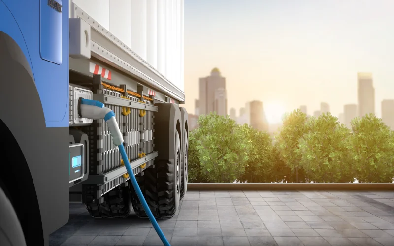 LKW lädt an Kabel auf Parkplatz mit Skyline und Wald im Hintergrund 