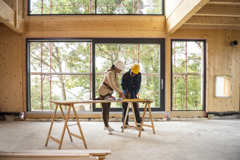 zwei Menschen mit Schutzhelmen stehen in einem Holzhaus im Bau 