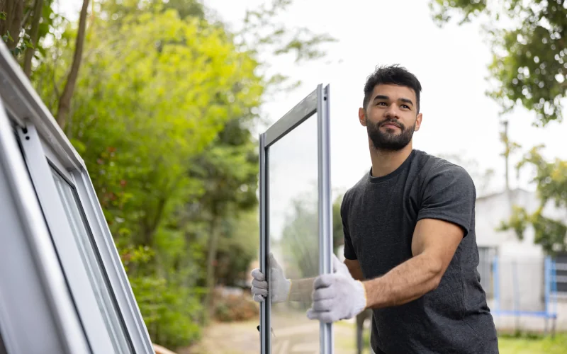 Handwerker trägt ein Fenster