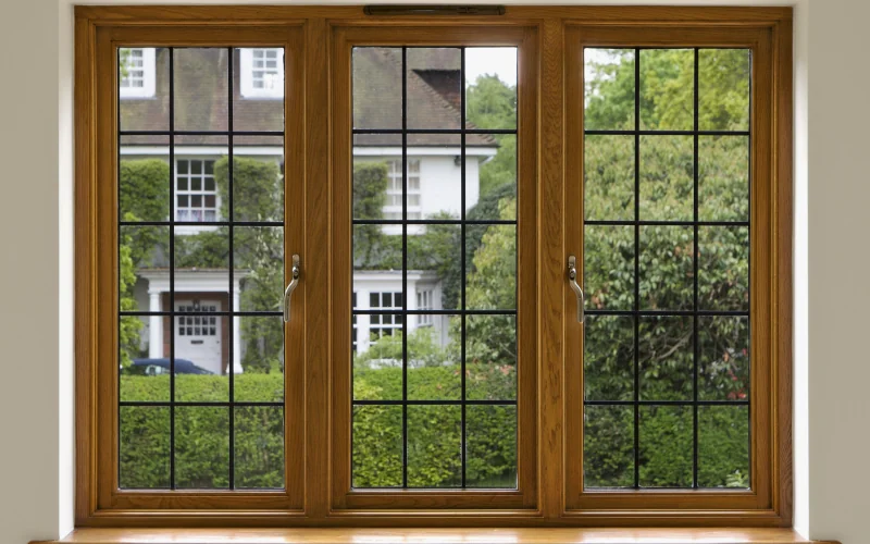 Fenster mit Holzrahmen mit Haus mit vielen Pflanzen