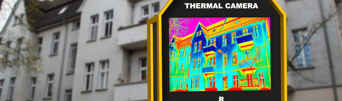 Eine Thermalkamera, die auf ein Wohngebäude gerichtet ist.