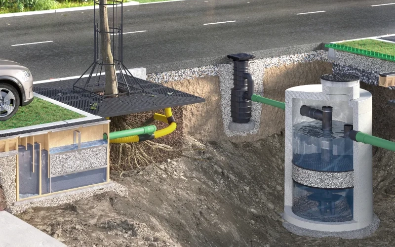 3D Rendering einer Strasse in der Innenstadt mit einer unterirdischen Regenwasserbehandlungsanlage nach DWA-A 138-1