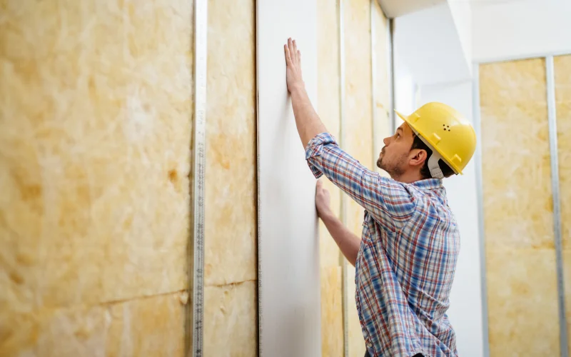 Bauarbeiter der eine Trockenbauwand bearbeitet und Gipsplatten davor legt 
