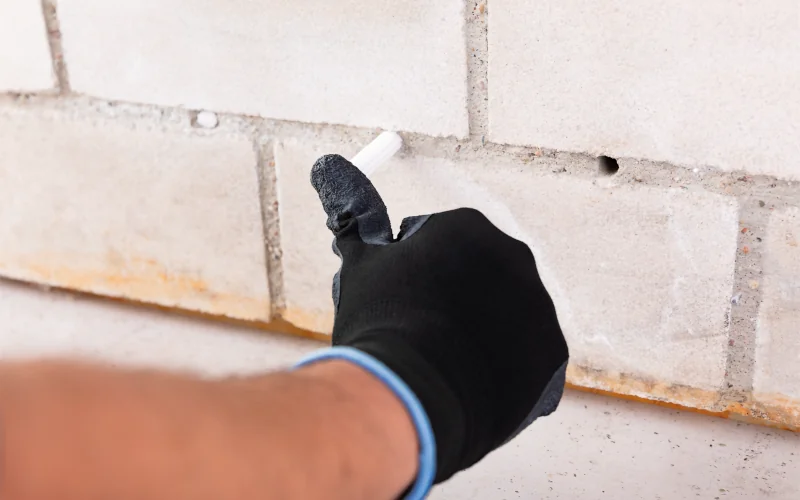 Handwerker mit Schutzhandschuhen verarbeitet Horizontalsperren-Sticks in Hauswand 