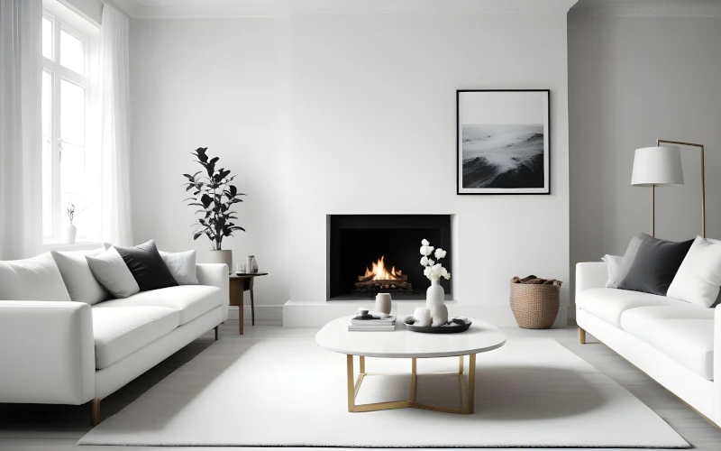 Helles Wohnzimmer mit Kamin, zwei weißen Sofas, Couchtisch, Stehlampe, Pflanze und Wandbild.