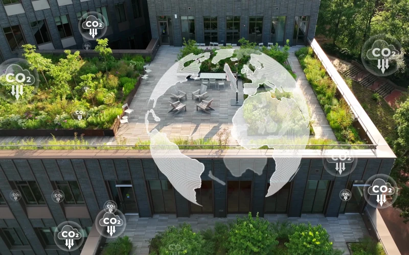 Begrünte Dachterrasse mit CO2 Icons
