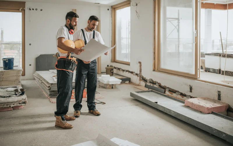 Bauarbeiter, die sich Baupläne in der Wohnung ansehen