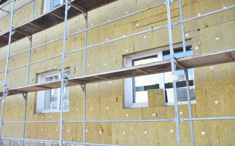 Außenfassade mit Dämmplatten daran und einem Gerüst davor