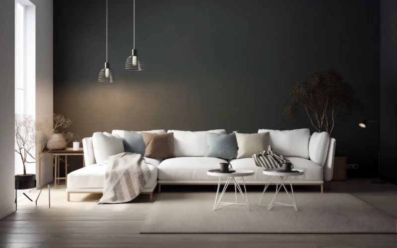 Wohnzimmer mit weißem Sofa, dunkler Wand, zwei Hängelampen und kleinen Couchtischen.