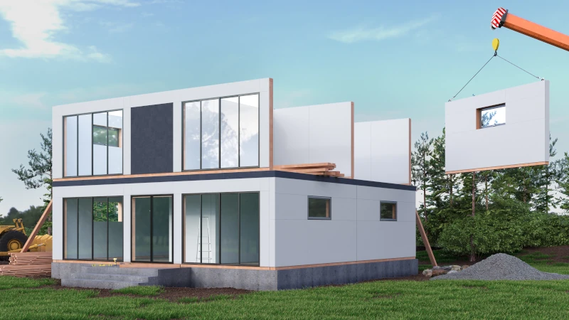 Bild eines modernes Wohnhaues im Bau bestehend aus Fertigbauteilen 