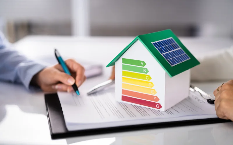 Modellhaus mit Energielabel auf Dokumenten, Personen besprechen Energieeffizienz.