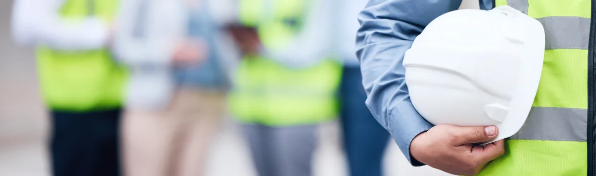 Personen mit Warnwesten und Arbeitshelmen in der Hand