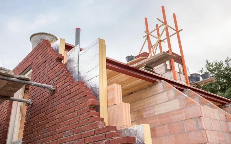 Haus im Bau mit zwei Mauerwerken und Dämmung dazwischen