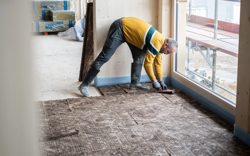 Ein Handwerker verlegt Dämmmaterial als Schallschutz in einem Wohngebäude.