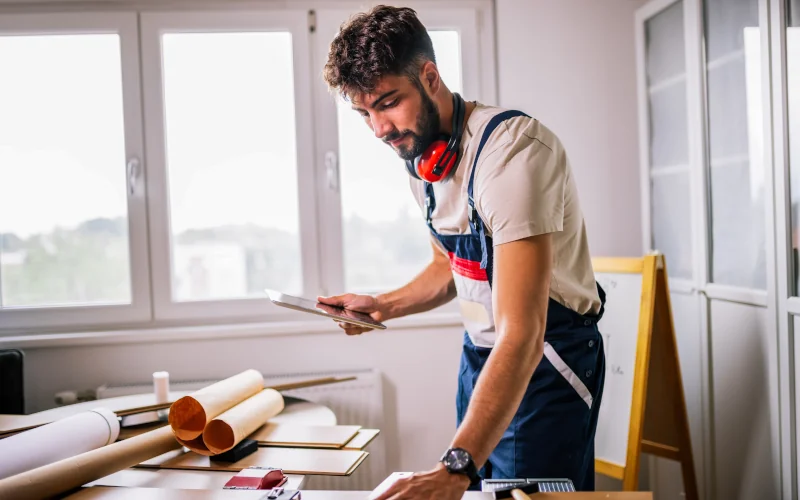 Handwerker steht in Arbeitszimmer und plant seine Arbeit