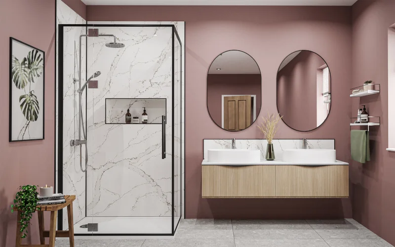 modernes Badezimmer mit marmorfarbenen Wandpaneelen in der Dusche