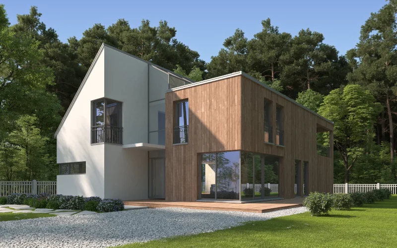 modernes Einfamilienhaus mit Holfassade vor einem Wald stehend