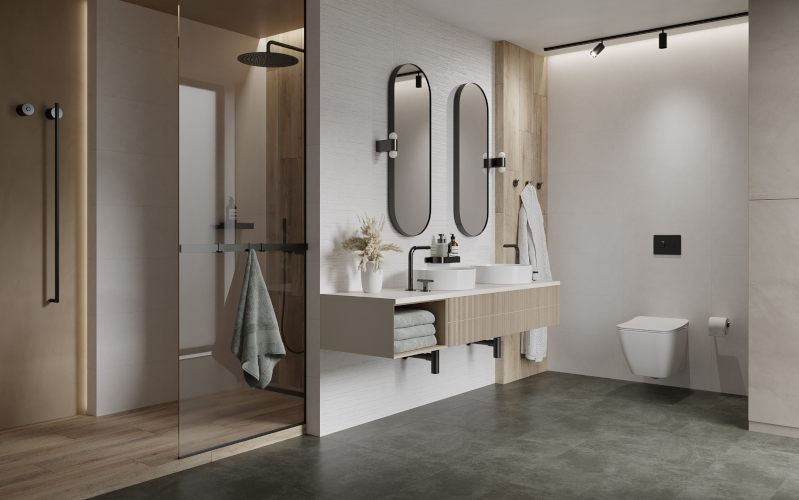 Ausschnitt eines Badezimmers mit Toilette, Dusche und Waschtisch mit zwei Spiegeln