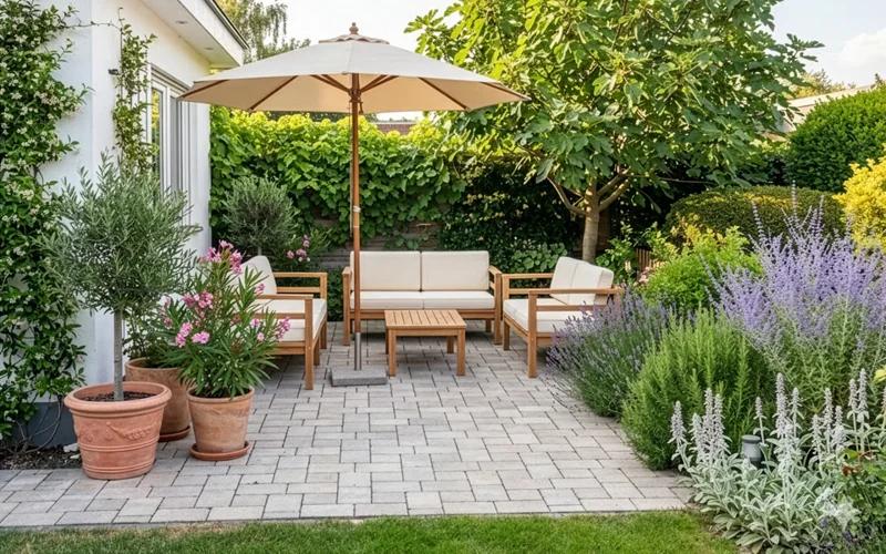 Terrasse mit Gartenmöbeln und Pflanzen am Rand