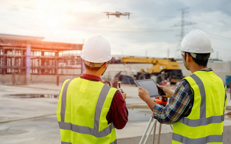 Zwei Arbeiter steuern eine Drohne per Tablet über eine Baustelle 