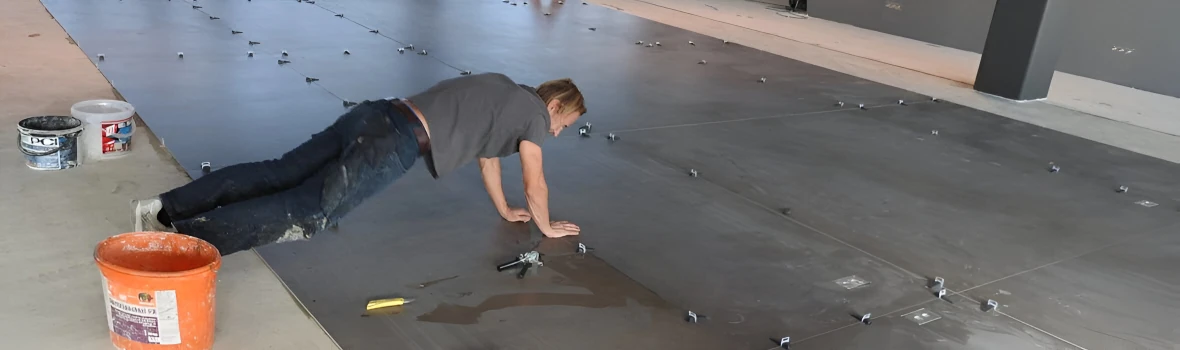 Handwerker verlegt Bodenplatten
